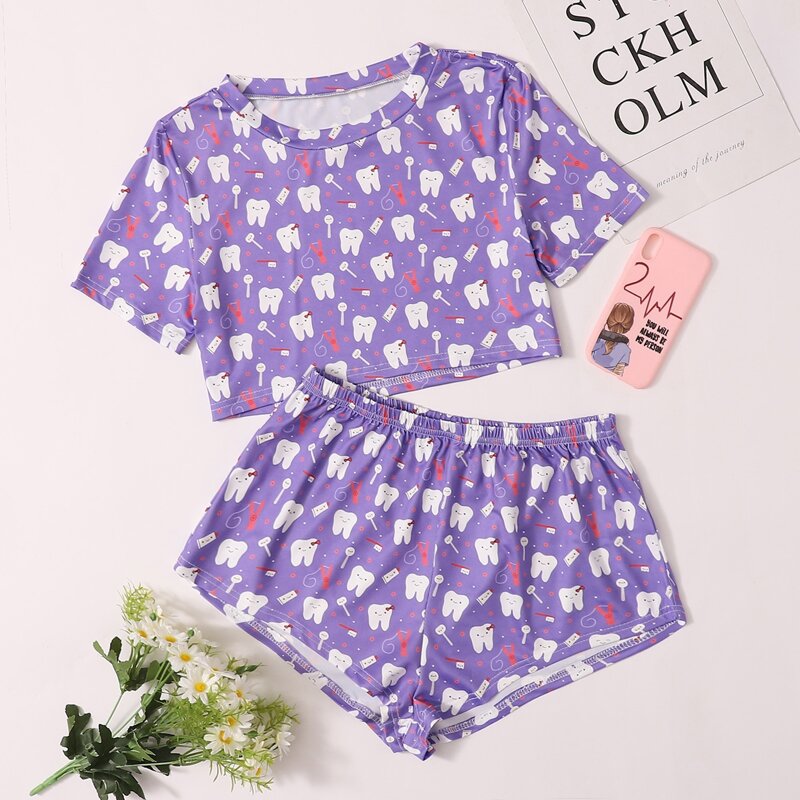 

Allover Cartoon Graphic PJ Set, Violet purple