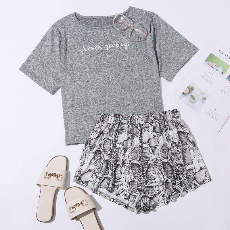 

Slogan Graphic Tee & Snakeskin Shorts PJ Set, Multicolor
