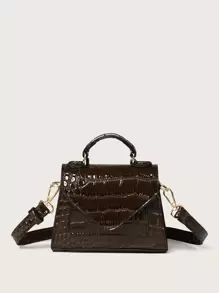 Mini Crocodile Embossed Satchel Bag - Coffee Brown - View 1