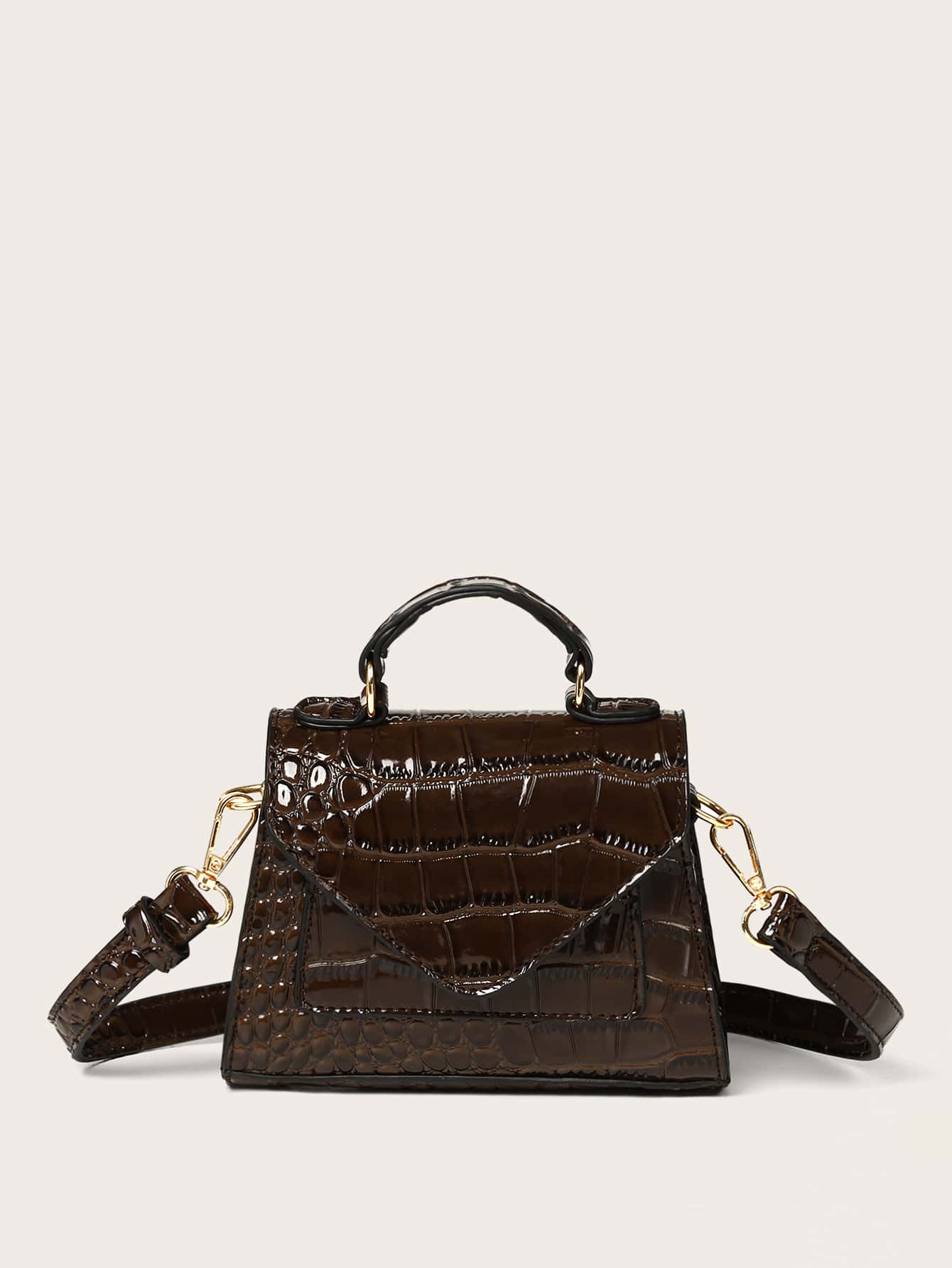 Mini Crocodile Embossed Satchel Bag - Coffee Brown - View 1