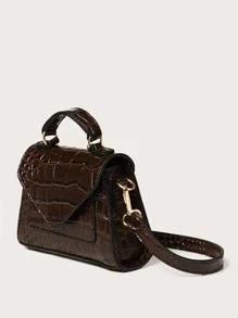 Mini Crocodile Embossed Satchel Bag - Coffee Brown - View 2