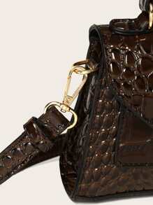 Mini Crocodile Embossed Satchel Bag - Coffee Brown - View 3