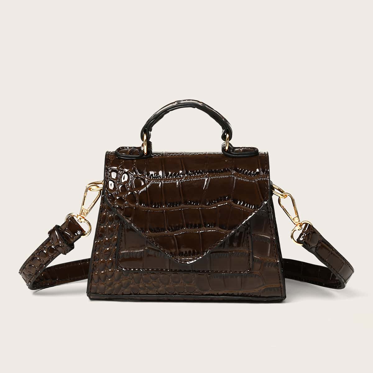 

Croc Embossed Satchel Bag, Coffee brown