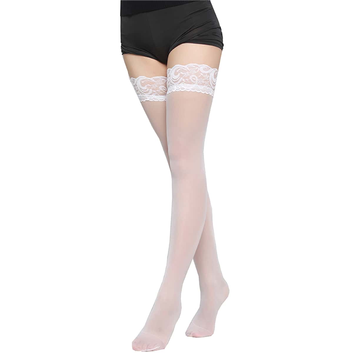 

Lace Trim Mesh Stockings, White