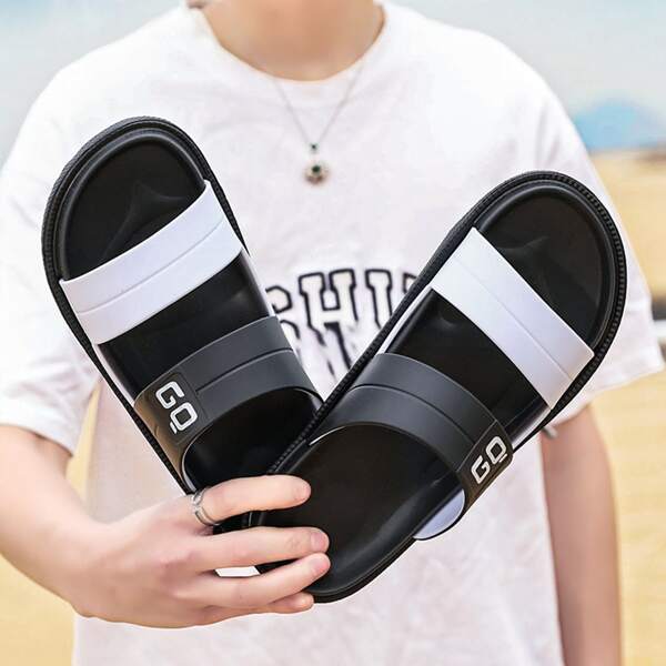 

Men Colorblock Slide Sandals, Black and white