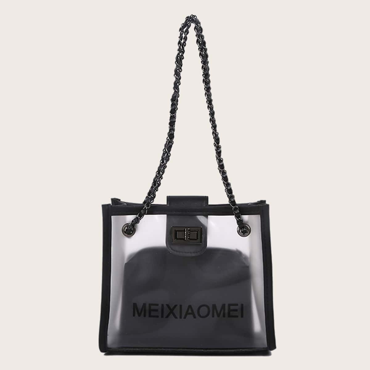 

Clear Tote Bag With Inner Pouch, Black