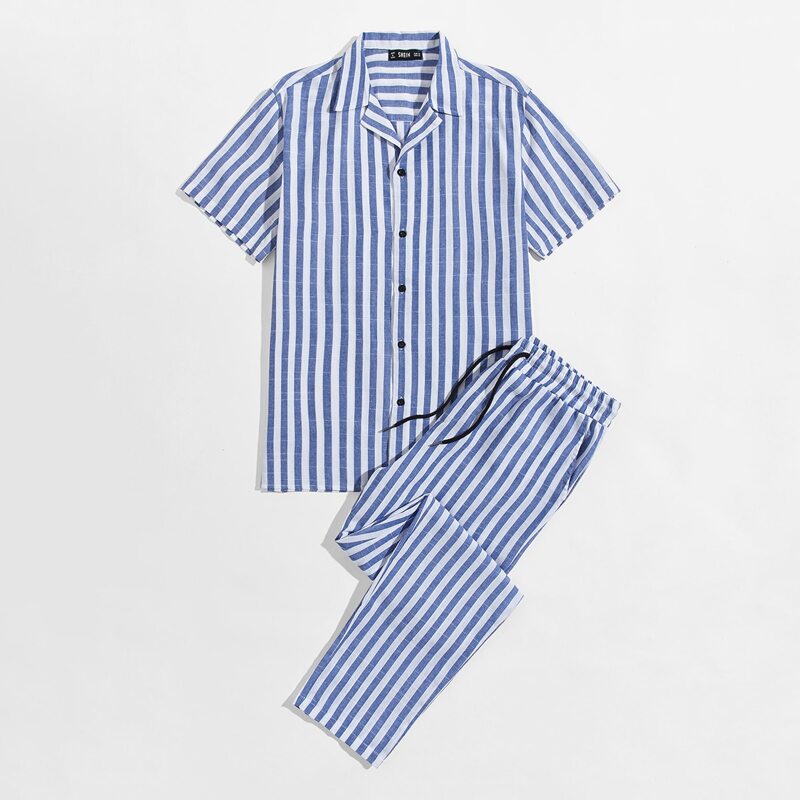 

Guys Revere Collar Striped Shirt and Drawstring Waist Pants Set, Blue and white