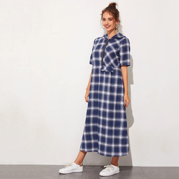 

Zipper Half Placket Plaid Hooded Dress, Blue