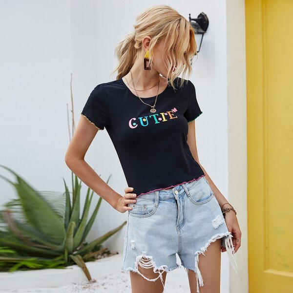 

Letter Graphic Lettuce Trim Tee, Black