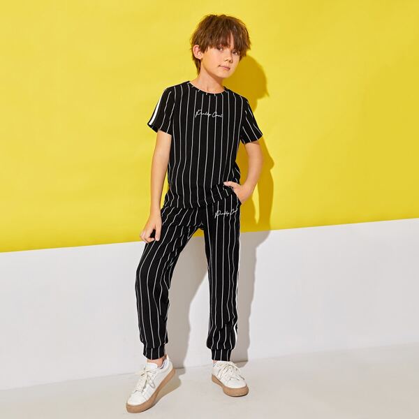

Boys Letter and Striped Tee and Slant Pocket Pants Set, Black