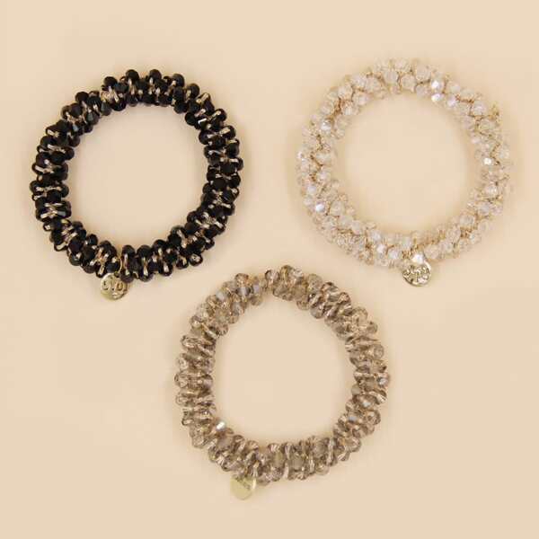 

3pcs Crystal Beaded Elastic Hair Tie, Multicolor