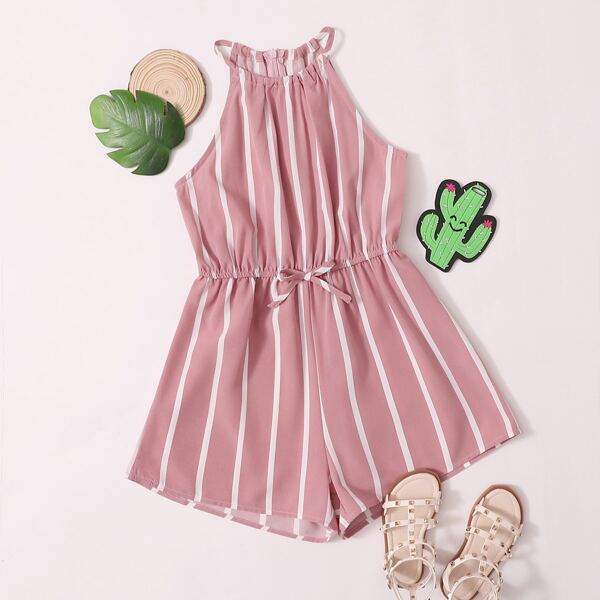

Girls Bow Detail Striped Halterneck Romper, Baby pink