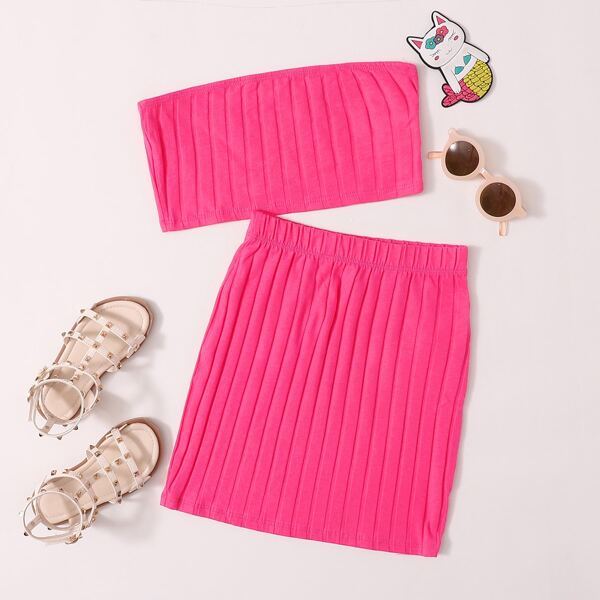 

Girls Neon Pink Rib-knit Tube Top and Skirt Set, Hot pink