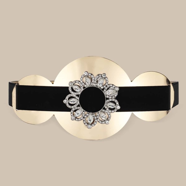 

Rhinestone Engraved Elastic Wide Belt, Black