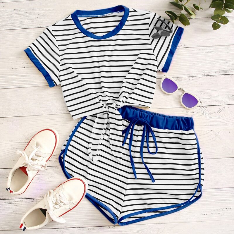 

Striped Knot Hem Ringer Tee & Dolphin Shorts, Black and white