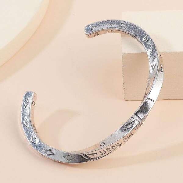 

Men Geometric Decor Cuff Bangle, Silver
