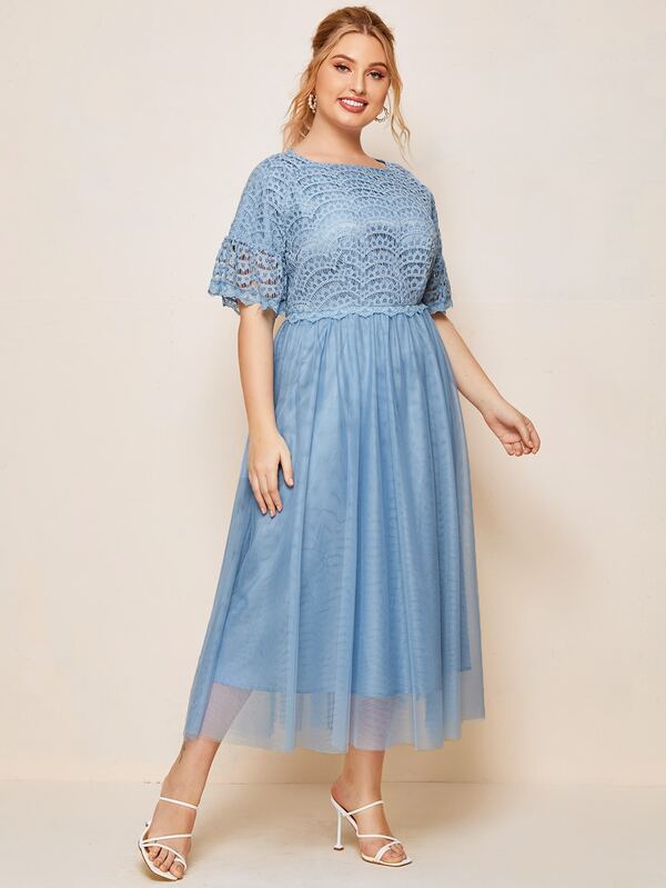 Vestidos Tallas Grandes Encaje En Contraste Liso Bebe Azul Romantico Mode De Mujer Shein Espana