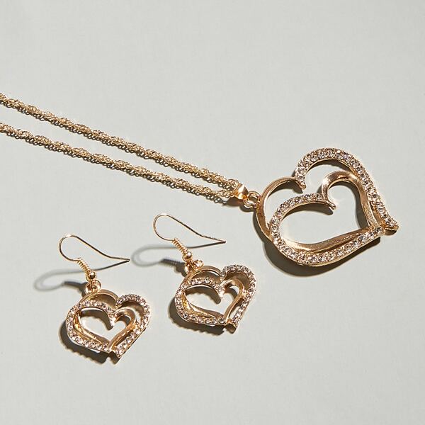 

3pcs Heart Charm Jewelry Set, Gold