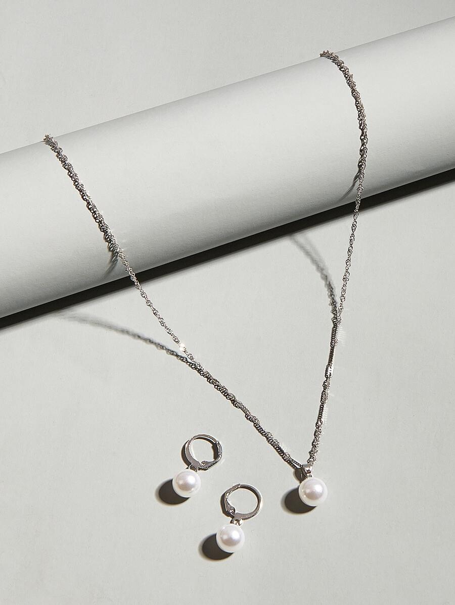 3pcs Faux Pearl Decor Jewelry Set - Silver - View 1