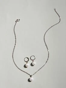 3pcs Faux Pearl Decor Jewelry Set - Silver - View 2