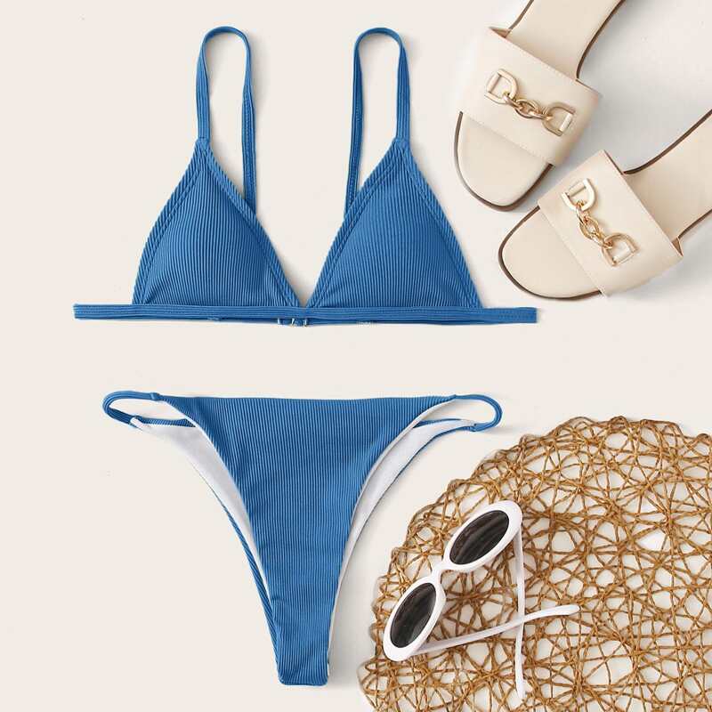 

Rib Triangle Thong Bikini Swimsuit, Blue