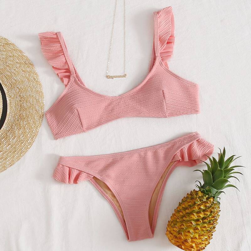

Textured Ruffle Trim Bikini Swimsuit, Pastel baby pink