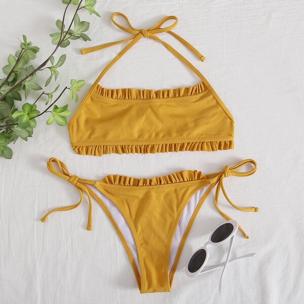 

Rib Frill Halter Tie Side Bikini Swimsuit, Mustard yellow