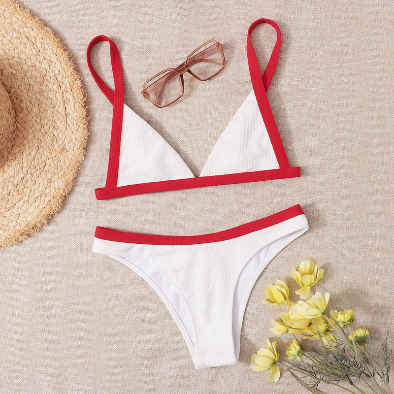 

Rib Contrast Binding Triangle Bikini Swimsuit, White