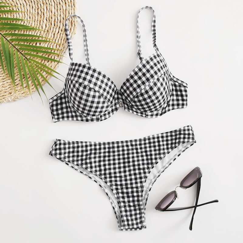 

Gingham Push Up Bikini Swimsuit, Black and white