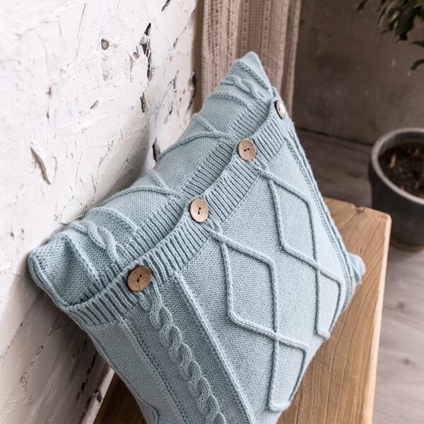 

Button Decor Knitted Cushion Cover Without Filler, Baby blue