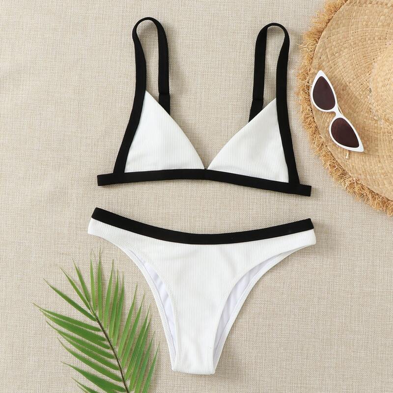 

Rib Contrast Binding Triangle Bikini Swimsuit, White