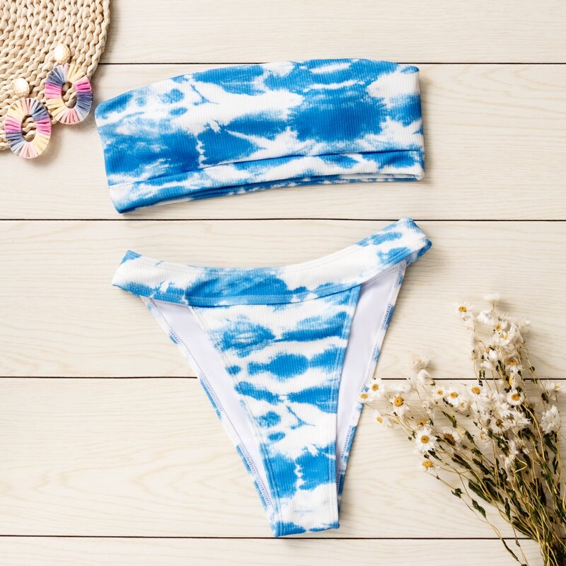 

Tie Dye Rib Bandeau Bikini Swimsuit, Blue