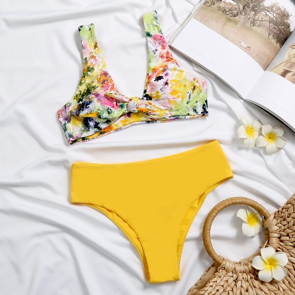 

Leaf Print Knot Front Bikini Swimsuit, Multicolor