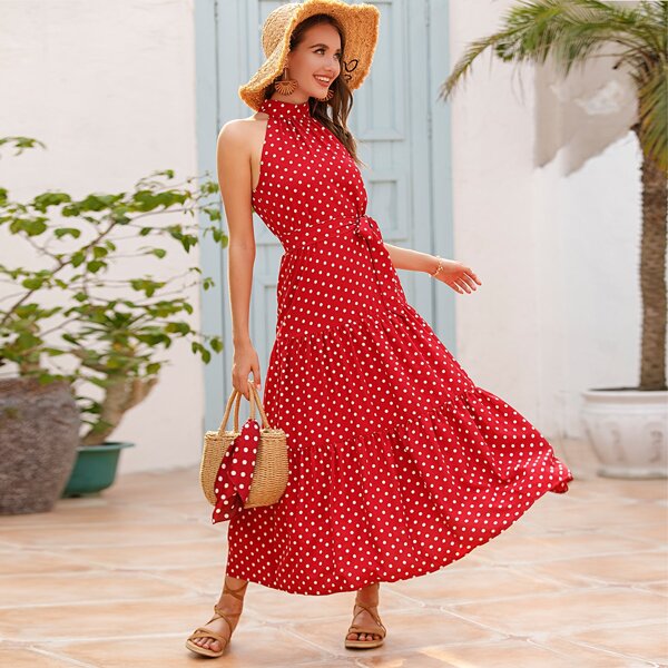 

Polka Dot Belted Halter Dress, Red