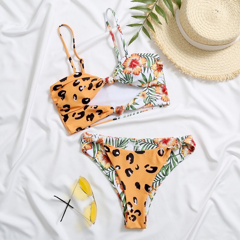 

Leopard & Tropical Knot Bikini Swimsuit, Multicolor