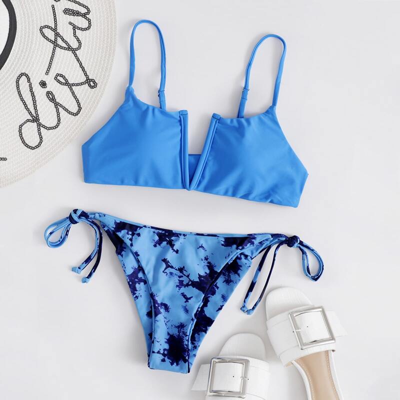 

Tie Dye V Wired Tie Side Bikini Swimsuit, Blue