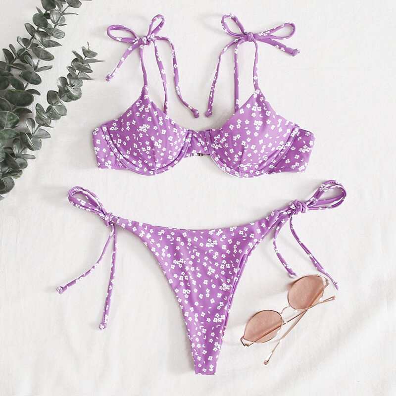

Ditsy Floral Underwire Tie Side Bikini Swimsuit, Purple
