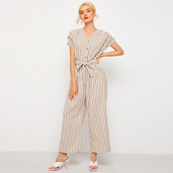 

Stripe Print Button Front Belted Wide Leg Jumpsuit, Multicolor