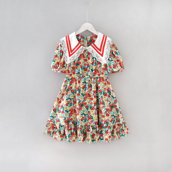 

Girls Floral Print Peter Pan Collar Ruffle Hem Dress, Multicolor