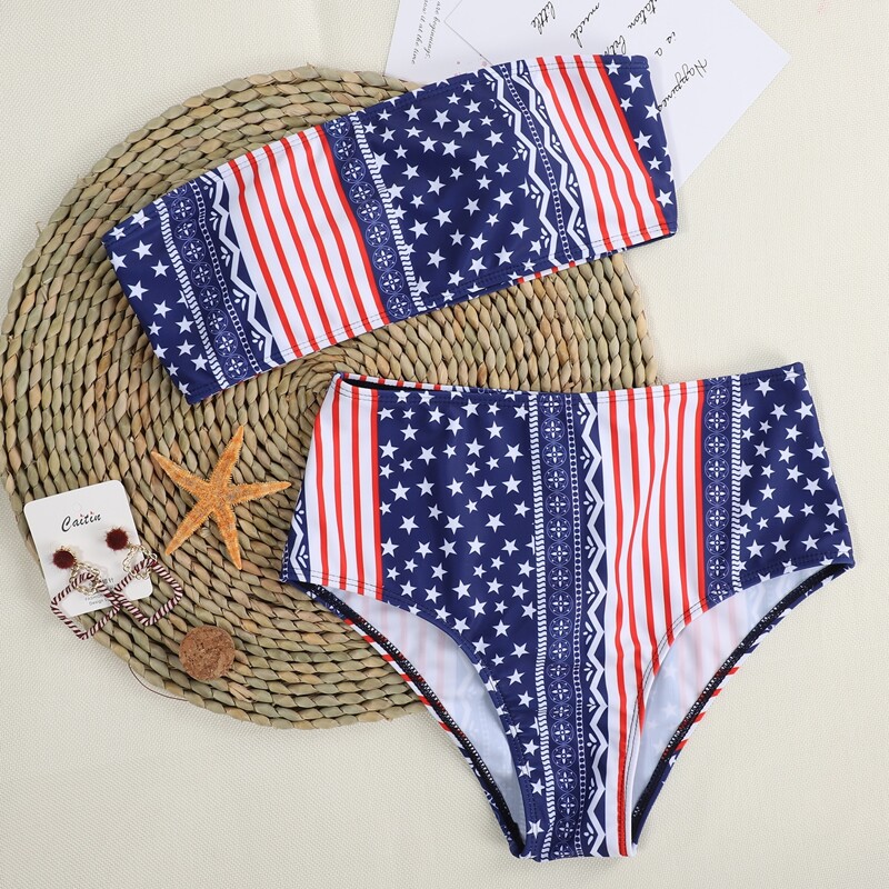 

American Flag Print Bandeau Bikini Swimsuit, Multicolor