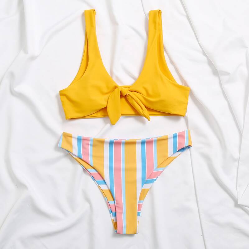 

Striped Knot Front Bikini Swimsuit, Multicolor