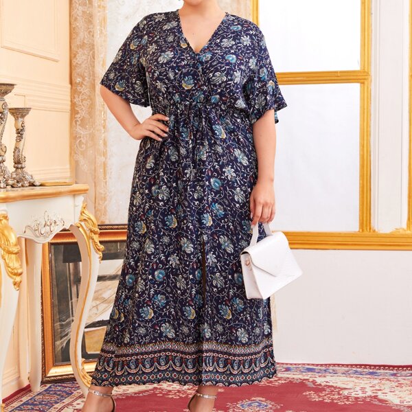 

Plus Tribal Print Drawstring Waist Dress, Multicolor