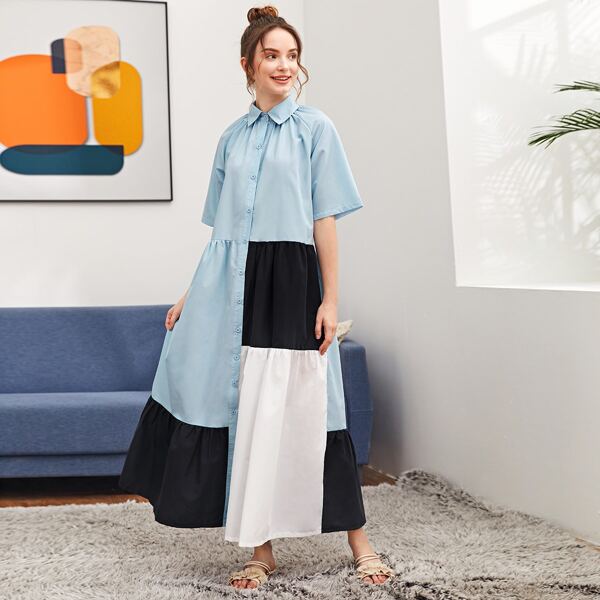 

Colorblock Button Up Smock Dress, Baby blue