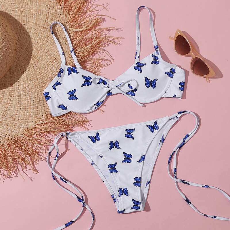 

Butterfly Print Underwire Tie Side Bikini Swimsuit, White