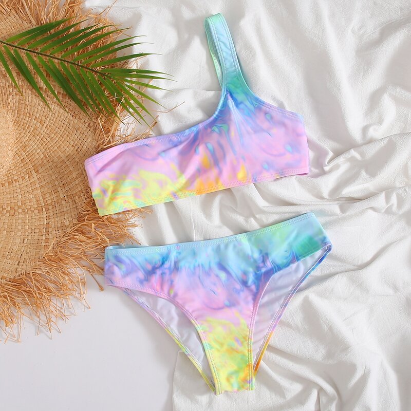 

Tie Dye One Shoulder Bikini Swimsuit, Multicolor