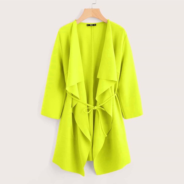

Neon Yellow Waterfall Collar Belted Coat, Yellow bright