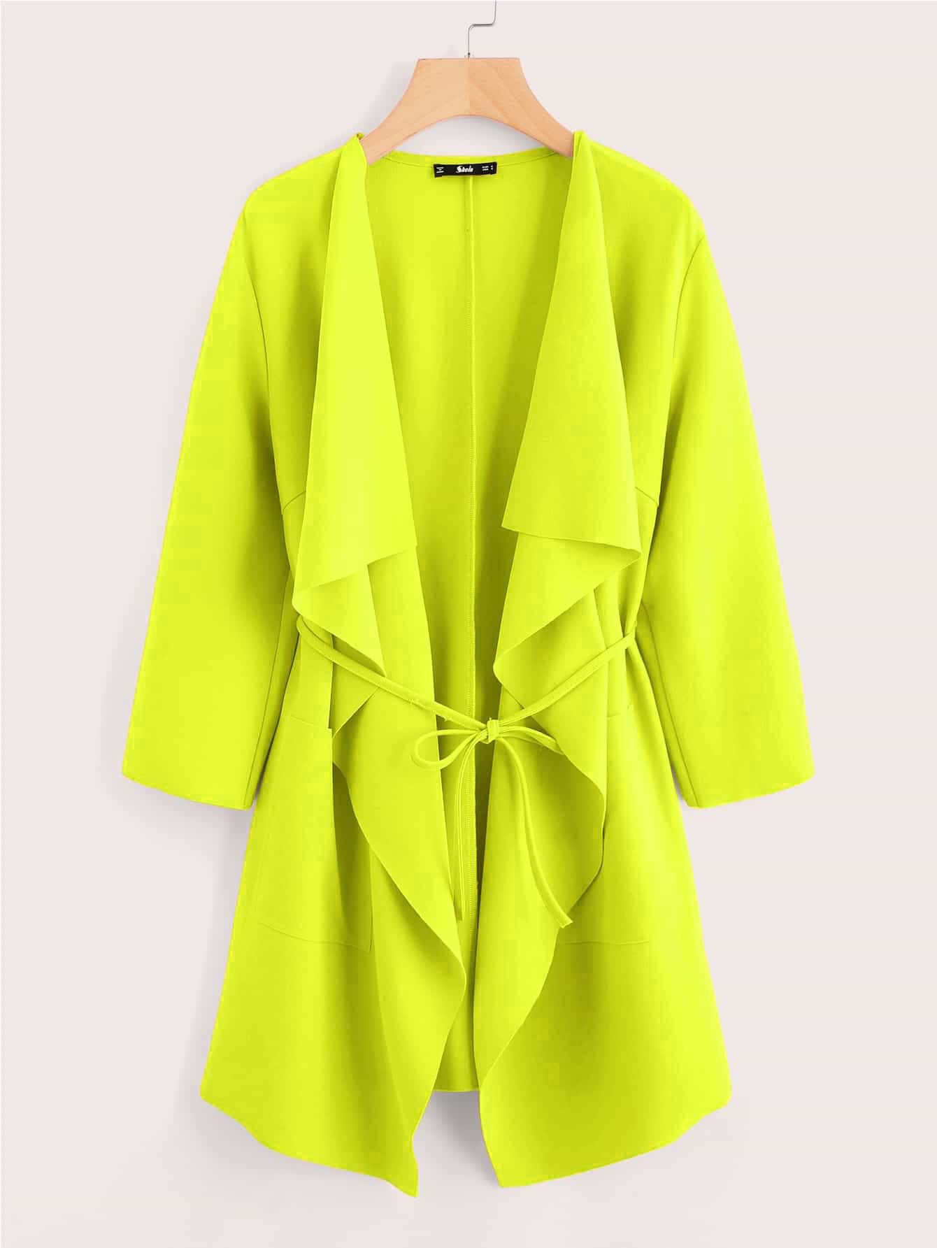 SHEIN Neon Yellow Waterfall Collar Belted Coat - Yellow - View 1
