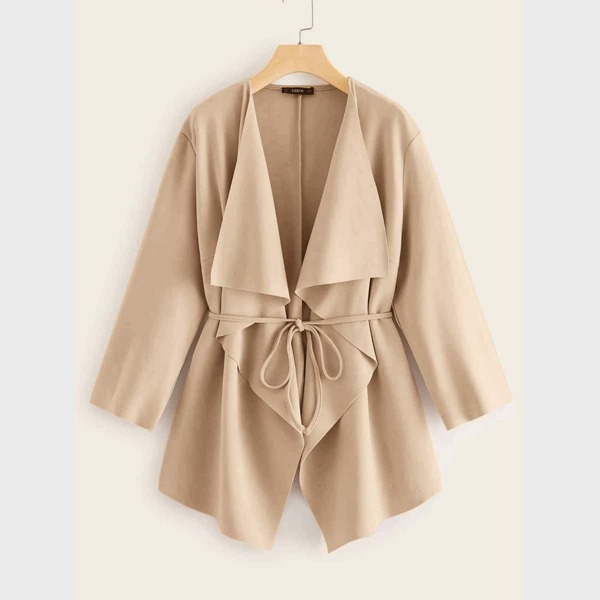 

Plus Waterfall Collar Belted Coat, Beige