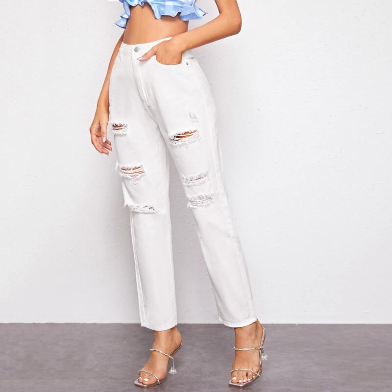 

High Waist Ripped Detail Jeans, White