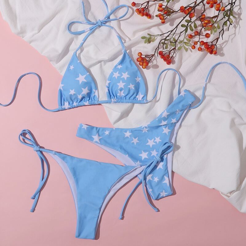

3pack Star Print Triangle Co-ord Bikini Swimsuit, Blue